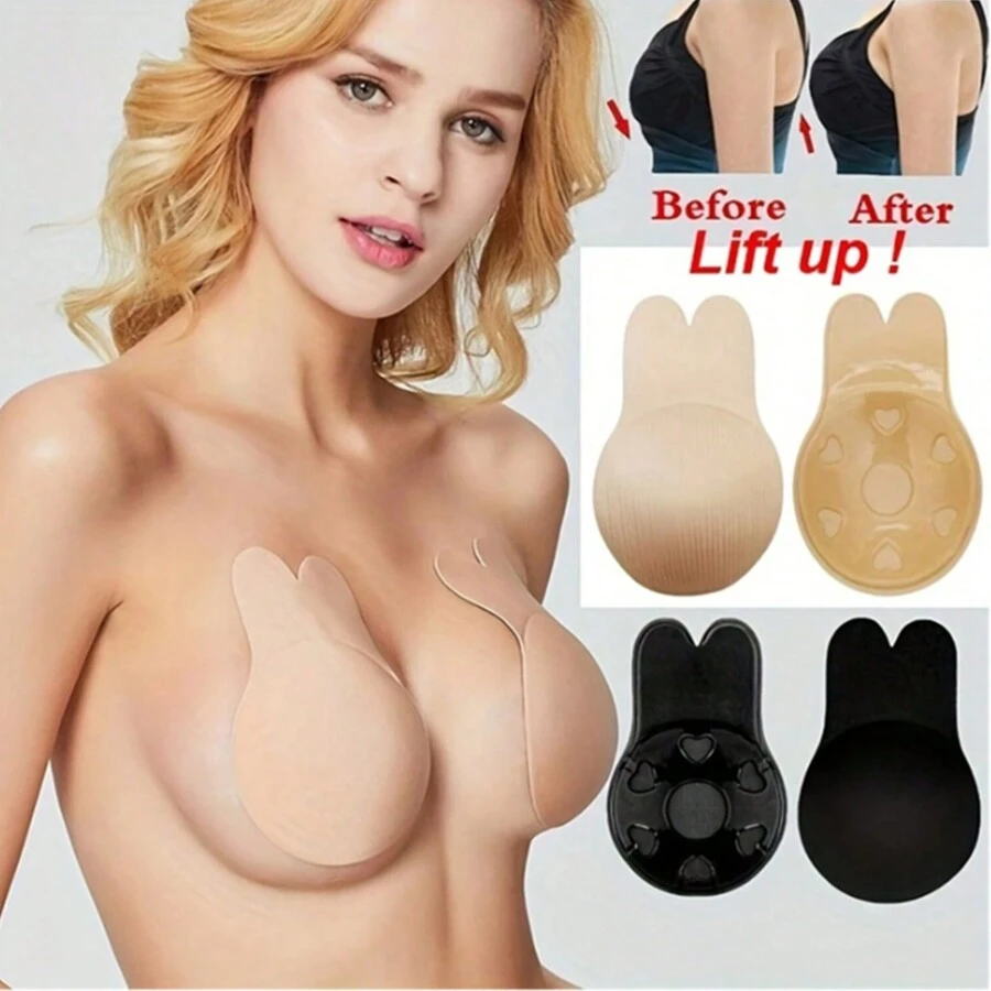 1 对兔子形状硅胶乳头贴，隐形胸部提升胶带 - 彩色 - 查看 1