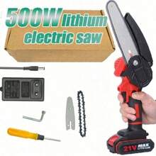21V 4-Inch Cordless Electric Chainsaw, Portable Handheld Pruning Saw, Rechargeable Branch Trimming Cutter - Red - View 1