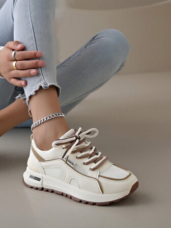 Zapatillas deportivas de suela gruesa para mujer, informales, de malla, color marrón, beige y azul, planas y gruesas, ideales para exteriores, para todas las estaciones.