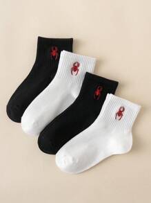 4 Pairs Cartoon Spider Embroidered Crew Socks, Breathable Everyday Casual Socks For Kids, Suitable For All Seasons