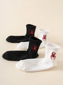 4 Pairs Cartoon Spider Embroidered Crew Socks, Breathable Everyday Casual Socks For Kids, Suitable For All Seasons