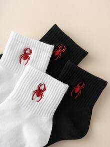 4 Pairs Cartoon Spider Embroidered Crew Socks, Breathable Everyday Casual Socks For Kids, Suitable For All Seasons
