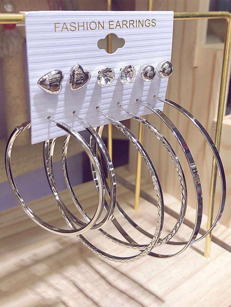 Set de 6 pares de pendientes con forma de corazón de adorno de cuentas, modelo exagerado y de moda, ideal para el Día de San Valentín - Plateado - Ver 1