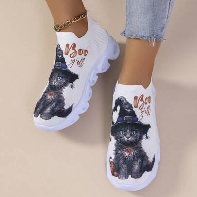 Autumn New Black Cat Fashion Halloween Lightweight Non-Slip Thick Sole Shoes, Wear-Resistant Flat Low Heel Round Toe Breathable Embroidery Printed Comfortable Slip-On Flat Women Sports Office Shoes