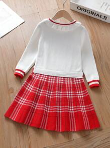 Vestido suéter de manga comprida com estampa xadrez e bloco de cores para meninas pré-adolescentes com apliques de urso de desenho animado