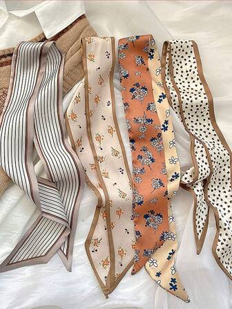 4pcs/Set Elegant Khaki Silk Scarves & Floral Pattern Hairbands & Stylish Hair Tie, Multi-Use For Daily Life And Vacation Headband Turban Headband Sweatband, School Stuff, College, Headbands Fall Winter Hair Band Hair Accessories For Women Women Bandanas Soft Headwrap Women Scarf