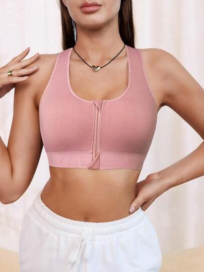 1pc Women Roze Zipper Front Padded Seamless Stretchy Sports BH view 4