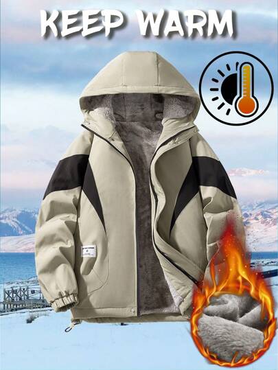 Padded Winter Hoodie Jacket, Loose Fit Color Block Waterproof Windbreaker