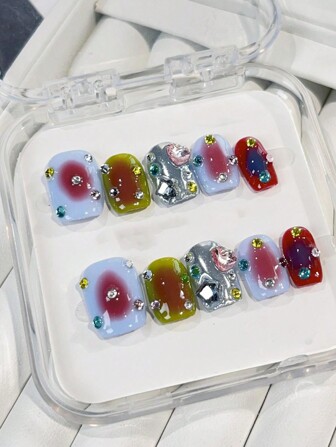 10Pcs/Set Handmade Women & Girls Colorful Dopamine Star Design Nail Art Stickers, Niche Brightening Nail Decals Press On Nails Nail Supplies Nails