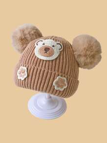 1pc Baby Knitted Hat With Ear Protection, Cute Bear Design, Pompom Decor, Brimless, Unisex, Warm For Autumn & Winter
