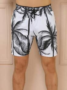 Men's Thick Tactel Shorts, Adult, Surfing, Beach, Pool, Quick Dry, Gym, Summer Bermuda, Coconut Tree Print - 黑色 - 查看 3