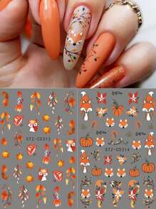 FULL BEAUTY 2/3/5pcs Cartoon Fall Maple Leaves Fox Nail Art Stickers Flower Pine Cones Mushrooms Sunflowers Foxes Pumpkins Autumn Halloween Ghost Nail Art Sliders Decoration Tools DIY Nails - Multicolor - View 10