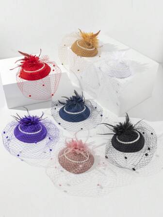 1 件蕾丝网羽毛迷人帽子，适合派对和约会