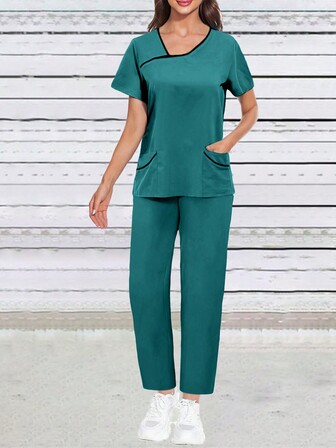 2 件套女士纯色不对称领口短袖上衣和阔腿裤休闲手术服套装