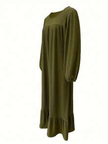 Vestido midi de manga larga, con volantes en el bajo, mangas abullonadas y bolsillos, estilo vintage, para primavera y otoño - Verde militar - Ver 5