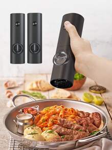 电动盐和胡椒研磨器 2 件套，自动操作盐胡椒研磨器套装，粗细度可调，电池供电，LED 灯，电动盐和胡椒研磨器套装，电池供电胡椒研磨器带 LED 灯，单手操作，粗细度可调，盐和胡椒，单手操作 - 黑色