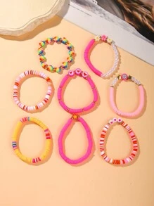 8pcs/Set Pitaya, Rainbow Flower, Heart, Star Soft Clay & CCB Beaded Multi-Layer Bracelet Jewelry Set, Sweet & Versatile For Women, Suitable For Daily Wear And Gift
