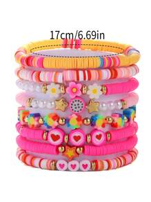 8pcs/Set Pitaya, Rainbow Flower, Heart, Star Soft Clay & CCB Beaded Multi-Layer Bracelet Jewelry Set, Sweet & Versatile For Women, Suitable For Daily Wear And Gift