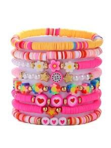 8pcs/Set Pitaya, Rainbow Flower, Heart, Star Soft Clay & CCB Beaded Multi-Layer Bracelet Jewelry Set, Sweet & Versatile For Women, Suitable For Daily Wear And Gift