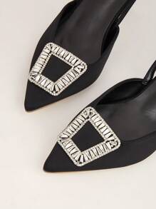 Sapatos de salto alto femininos, sandálias de bico fino novas primavera e verão 2024, elegantes fivelas quadradas de strass, decoração, mulas de salto baixo femininas, slingback confortável para trabalho e lazer - Preto - Ver 4