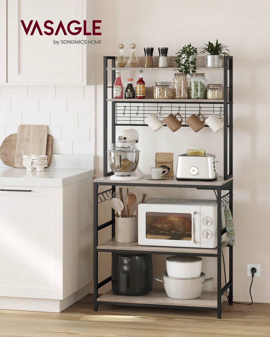 VASAGLE Kitchen Storage Rack With Power Outlet, Coffee Bar, Baker's Rack, With Metal Wire Panel, 14 Hooks, For Microwave, Steel Frame, 40 X 80 X 170 Cm - Beige - View 1