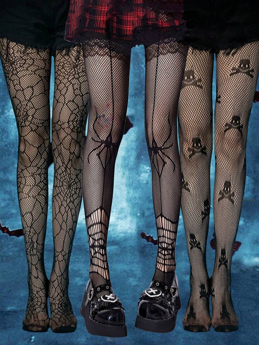 3 Pairs Of Women's Halloween Spider Skeleton Fishnet Stockings - Black - View 1