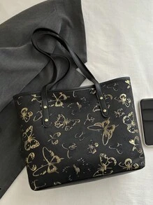 1pc Simple Black Nylon Butterfly Print Rivet Decor Large Capacity Tote Shoulder Handbag For Women, New In Fall/Winter Large Capacity Shoulder Tote Bag - Black - View 5