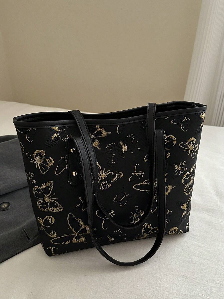 1pc Simple Black Nylon Butterfly Print Rivet Decor Large Capacity Tote Shoulder Handbag For Women, New In Fall/Winter Large Capacity Shoulder Tote Bag - Black - View 1