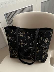 1pc Simple Black Nylon Butterfly Print Rivet Decor Large Capacity Tote Shoulder Handbag For Women, New In Fall/Winter Large Capacity Shoulder Tote Bag - Black - View 8