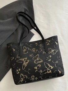 1pc Simple Black Nylon Butterfly Print Rivet Decor Large Capacity Tote Shoulder Handbag For Women, New In Fall/Winter Large Capacity Shoulder Tote Bag - Black - View 6