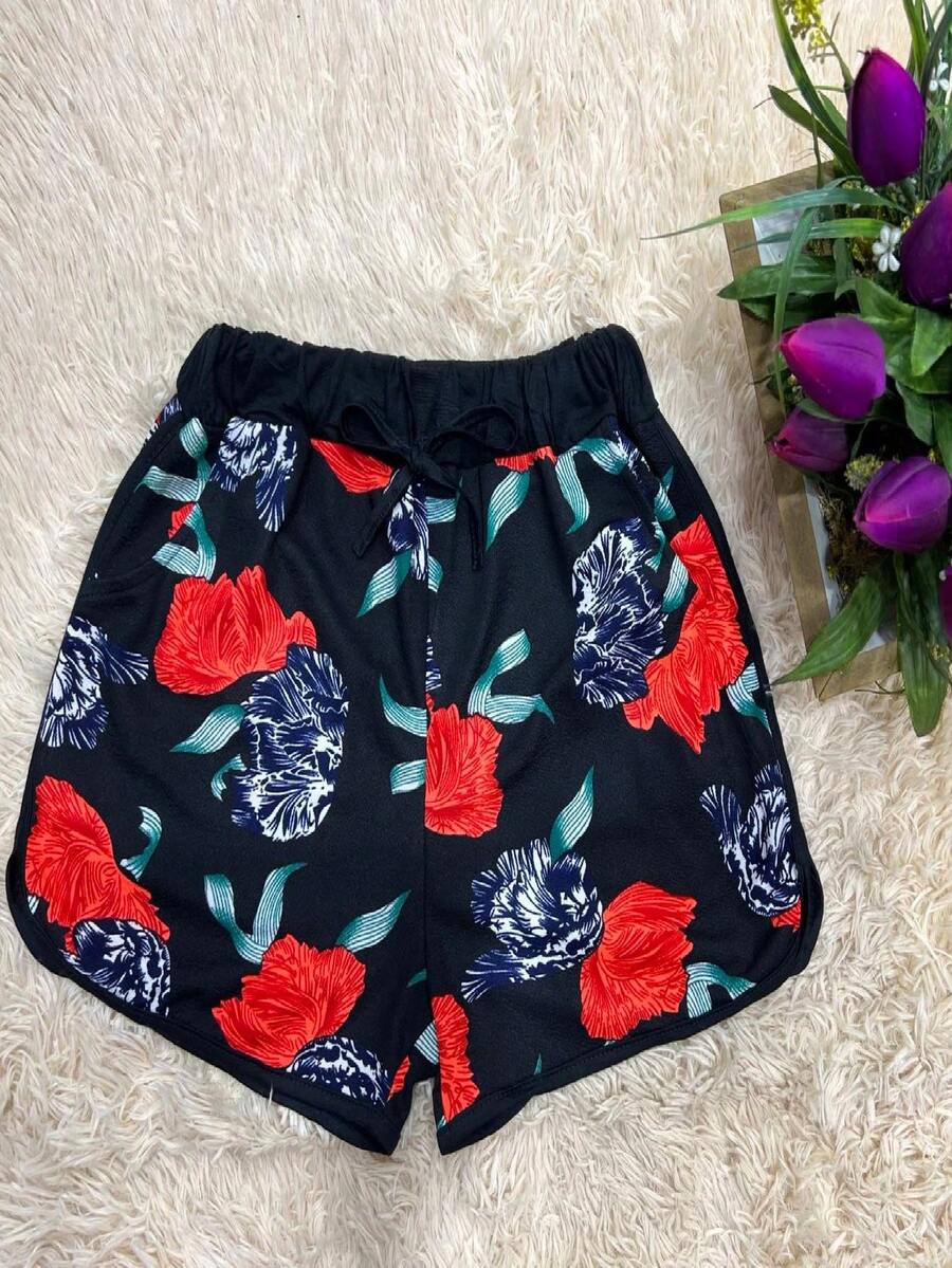 SHORT FEMININA CREPE - PRETO COM FLORIDO 1 - Visão 1