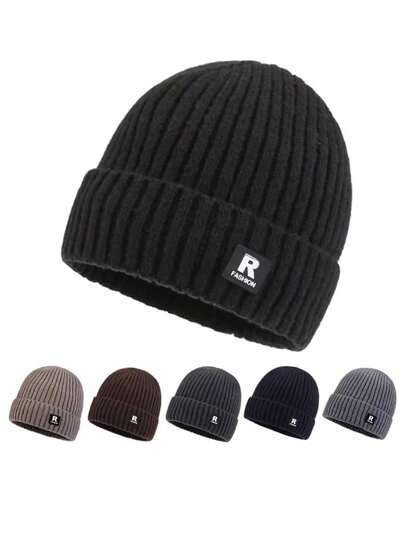 1 件户外简约纯色保暖内衬针织帽，适合户外街头穿着，时尚字母无檐帽，秋季服装的理想礼物