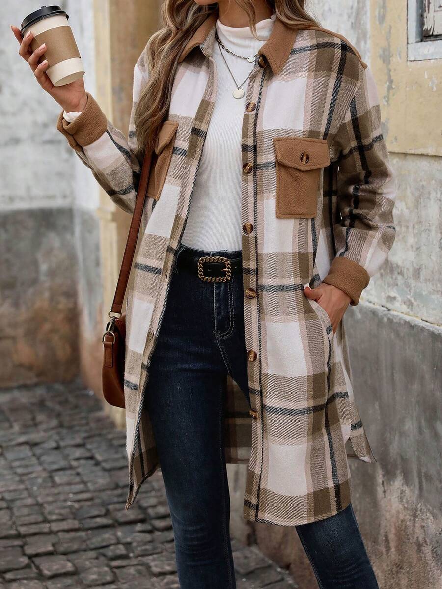 女士格纹保暖内衬中长外套 - 咖啡棕 - 查看 1