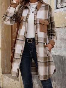 女士格纹保暖内衬中长外套 - 咖啡棕 - 查看 2