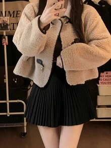 女士时尚百褶迷你裙，无弹羊毛面料，休闲A字及膝裙，适合秋冬季穿着 - 黑色 - 查看 5