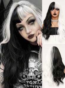 Halloween Cosplay Wig Black And White 26 Inch Long Curly Water Wave High Layered Bangs Y2K Synthetic Fiber Wig Women's Party Wig Costume Wig Christmas Realistic Natural Sexy Charming Heat Resistant Wig - Black and White - View 2