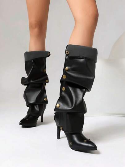 Women's Sexy Pointed Toe Stiletto High Heel Button Accent Black Fashion Boots