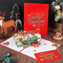 1 张 3D 圣诞贺卡，带有卡通圣诞树和企鹅、手写信息、圣诞节 - 彩色 - 查看 3