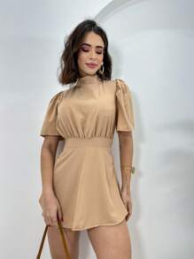 Women's Short Jumpsuit With Waistband, Puff Sleeves, High Neck - Beige - View 2