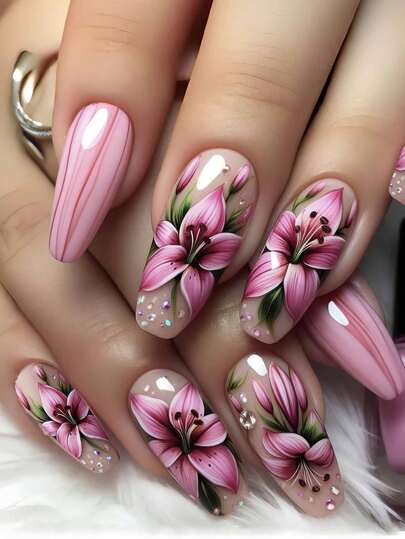 24 قطعة أظافر صناعية مزينة بزهور السوسن الطويلة العطرة مع الراين + 1 قطعة جيلي جل + 1 قطعة كتلة تنعيم الأظافر، لوازم الأظافر