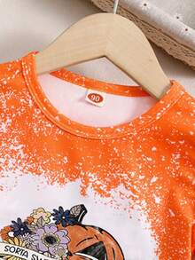2pcs Halloween Pumpkin Print Toddler Girls Spring Summer Short Sleeve Top And Shorts Set - Orange - View 3