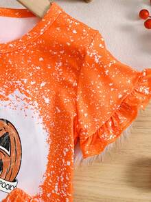 2pcs Halloween Pumpkin Print Toddler Girls Spring Summer Short Sleeve Top And Shorts Set - Orange - View 4