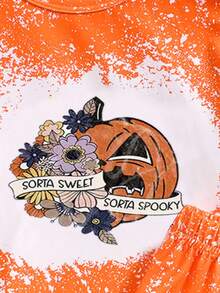 2pcs Halloween Pumpkin Print Toddler Girls Spring Summer Short Sleeve Top And Shorts Set - Orange - View 5