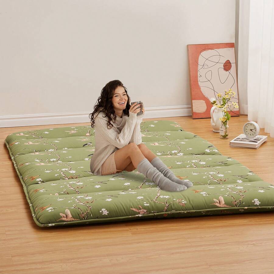 Foldable Japanese Futon Mattress, Floral Print Floor Mattress, Roll-Up Tatami Mat, Camping Pad, Five-Line Arc Wave - Chim ruồi xanh - Xem 1