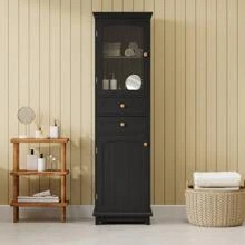Gabinete de almacenamiento alto para el baño con puertas de vidrio, de pie, con dos cajones y estantes ajustables, de tablero de MDF, pintado en blanco - perfecto para exhibir tus artículos favoritos