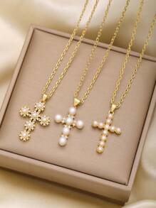1pc Lovely Pearl Decor Stainless Steel Cross Necklace Pendant, Suitable For Party, Gathering, Daily Wear