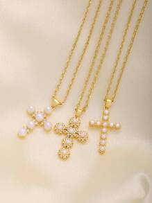 1pc Lovely Pearl Decor Stainless Steel Cross Necklace Pendant, Suitable For Party, Gathering, Daily Wear