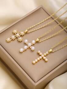 1pc Lovely Pearl Decor Stainless Steel Cross Necklace Pendant, Suitable For Party, Gathering, Daily Wear
