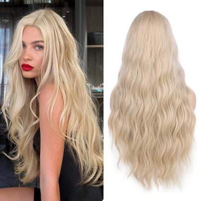 28 Inch Long Blonde Wavy Wig Natural Wavy 613 Wig Long Platinum Blonde Wig For Women Synthetic Lace Front Wig Middle Part Halloween Cosplay Wigs For White WomenFor Daily Party , Halloween, Cosplay, Parties, Etc