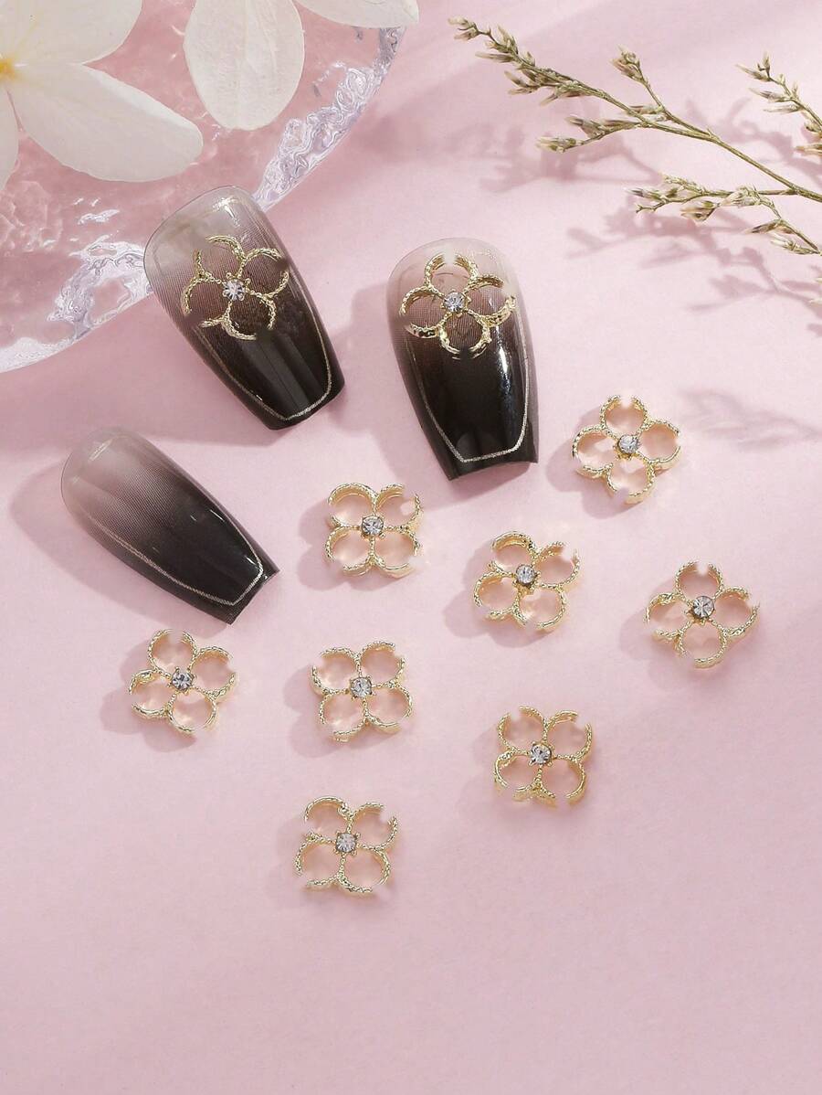 10入組水晶玻璃指甲藝術裝飾貼紙，DIY指甲石，指甲美妝必備品 - 金色 - 查看 1